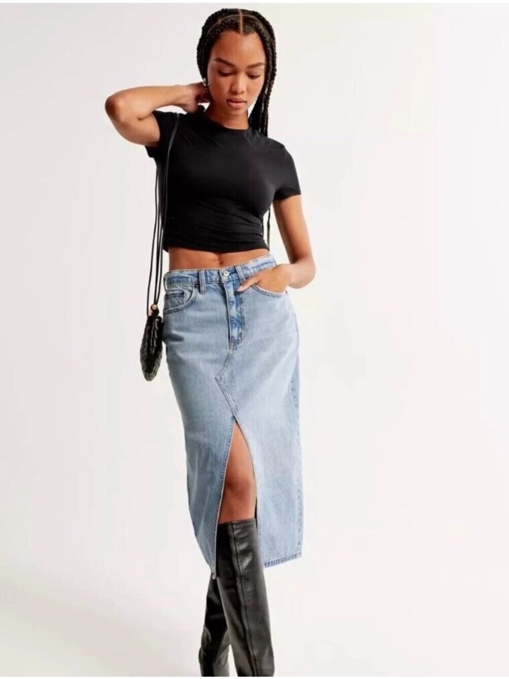 Abercrombie & Fitch Light Blue Denim Midi Skirt with Front Slit